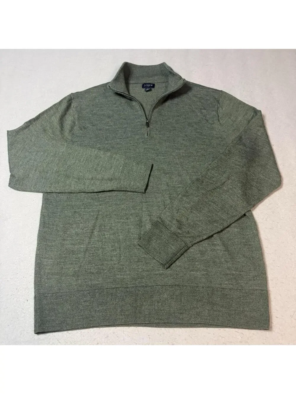 J.Crew Mens Large Green Merino Wool Blend 1/4 Zip Sweater Pullover Casual